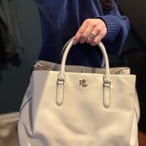 Ralph Lauren White Leather Tote Bag - Elegant Top-Handle Handbag